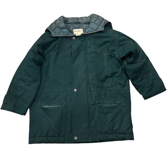Eddie Bauer Mens L Goose Down Hooded Parka Jacket Green Velour Insulated Coat - Picture 1 of 6